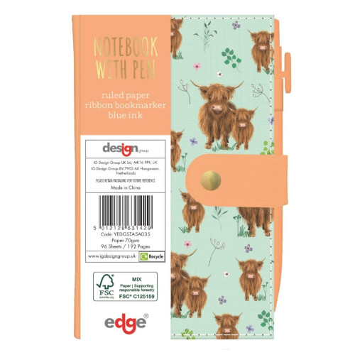 Anker (Blue) Highland Cow Slim Notebook with Pen A6 Pocket Notepad