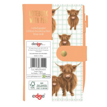 (Blue & White Tartan) Highland Cow Slim Notebook with Pen A6 Pocket Notepad