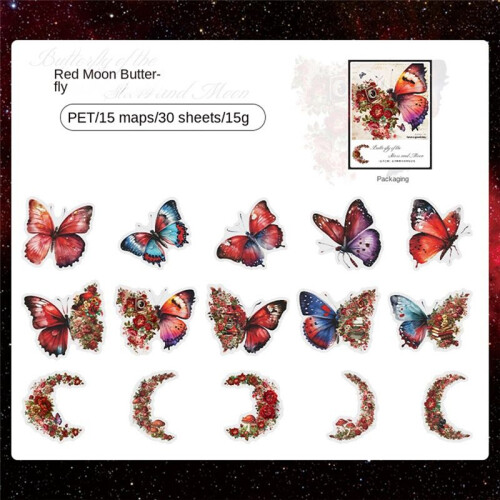 Retro Notebook Decoration Material Stickers DIY Decorative Sticker for Notebook Labels, Red Moon Butterfly 2