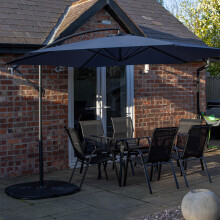 Outdoor 6 Person Rectangular Glass Top Garden Dining Table Chairs With Blue Banana Parasol and Base