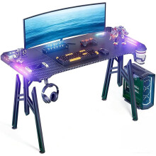 Gaming Desk with LED Lights M-Frame Computer Desk 120cm Gaming Table with Cup Holder and Headphone Hook PC Desk for Gaming Room