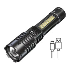 Hochleistungs-LED-Taschenlampe, Wiederaufladbar (Typ C), Wasserdicht, COB-Seitenlicht, 5 Modi für Outdoor-Camping und Wandern