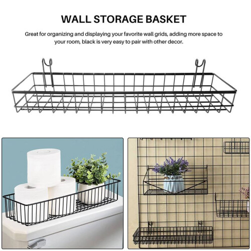 Hanging Basket for Wire Wall Grid Panel, Multi-Function Wall Storage and Display Basket, 40X10X5CM, Black Painted 1