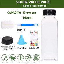 12Pcs 12oz Plastic Juice Bottles with Tamper Evident Caps, Reusable Clear Juice Containers with Labels, Funnel and Brush