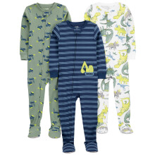 Pigiami in cotone per bambini 3-Pack, Navy Stripe/Verde Costruzione/Dinosauro Bianco, 5T