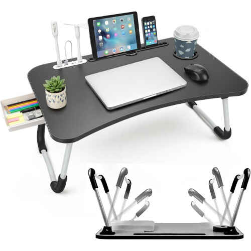 Foldable Laptop Table Bed Tray with USB Hub,Fan LED Light & Side Drawer
