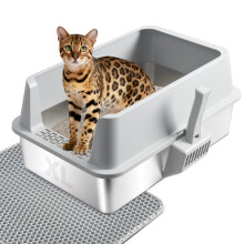 FUTAM RVS Kattenbak, XL Metalen Bak met Deksel, Grote Hoge Randen, Eenvoudig Schoonmaken, Geen Geur