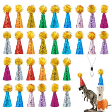 30 Pcs Party Hats for Animal Figures Toys Tiny Glitter Cone Birthday Party Hats with Pom Poms