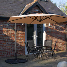 Outdoor 4 Person Round Glass Top Garden Dining Table Chairs With Beige Banana Lit Parasol and Base