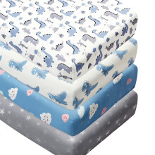 Set di 4 Lenzuola Morbide per Lettino Neutre Unisex per Bambini con Dinosauri e Nuvole