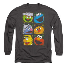 (L, Charcoal) Sesame Street Unisex Adult Heads Square Long-Sleeved T-Shirt