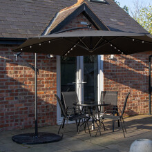 Outdoor 4 Person Round Glass Top Garden Dining Table Chairs With Black Banana Lit Parasol and Base