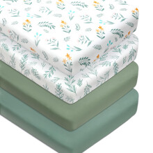 Set di 4 Lenzuola Verde Salvia per Lettino Neutro Unisex con Design Foglia e Fiore