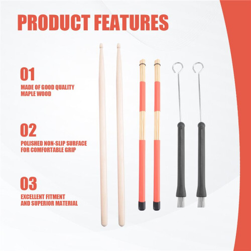 Drum Sticks Set,5A Maple Wood Drum Sticks,Drum Rods Brushes,Retractable Drum Wire Brushes,Drum Dampeners with Bag 2