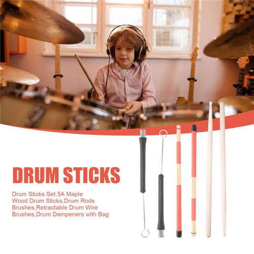 Drum Sticks Set,5A Maple Wood Drum Sticks,Drum Rods Brushes,Retractable Drum Wire Brushes,Drum Dampeners with Bag 1