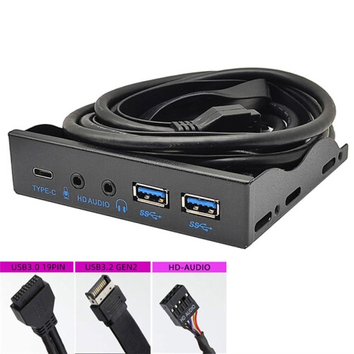 USB Front Panel for PC USB3.2 Gen2 10Gbps Type C + 19Pin 2Port USB3.0 Hub + HD Audio 3.5mm Earphone MIC 2