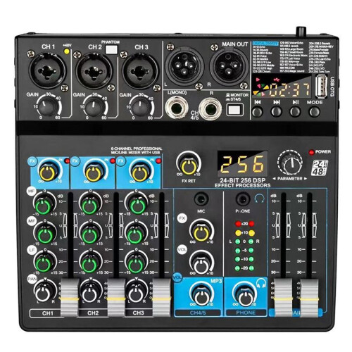 6-Channel Small Multi-Function Mixer for Stage Performances, Karaoke Live Broadcast, with USB  Mixer