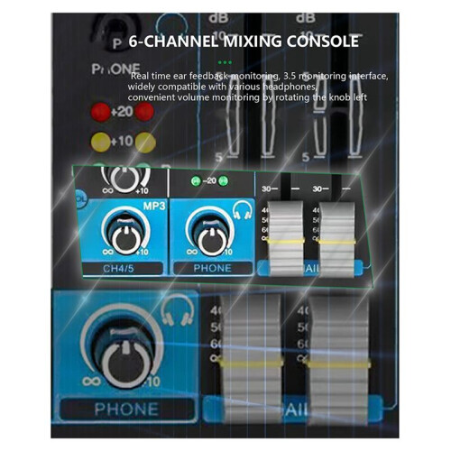 6-Channel Small Multi-Function Mixer for Stage Performances, Karaoke Live Broadcast, with USB  Mixer 2