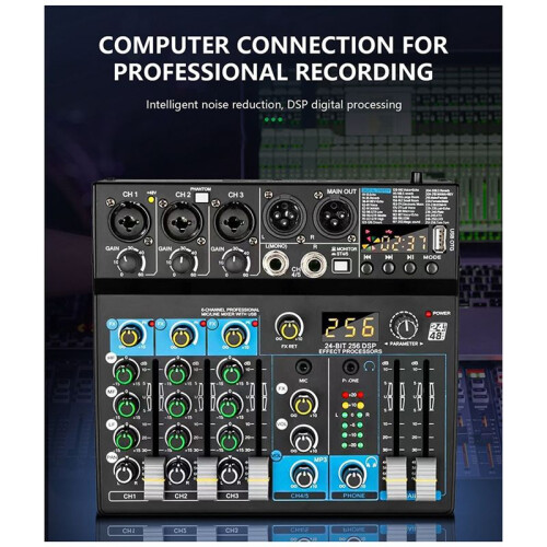 6-Channel Small Multi-Function Mixer for Stage Performances, Karaoke Live Broadcast, with USB  Mixer 1