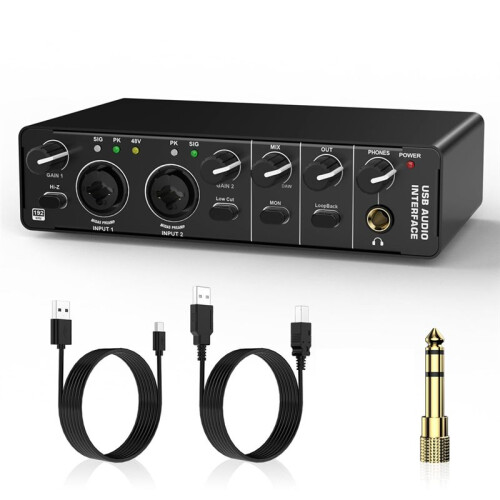 USB Audio Interface, 2 in 2 Out Audio Interface with 48V Phantom Power for Recording,for Guitarist, Vocalist, Podcaster 1