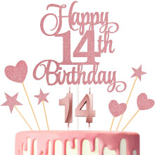 Decorazioni per Torta di Compleanno 14 Anni, Candeline Numerali e Decorazioni Glitter per Feste