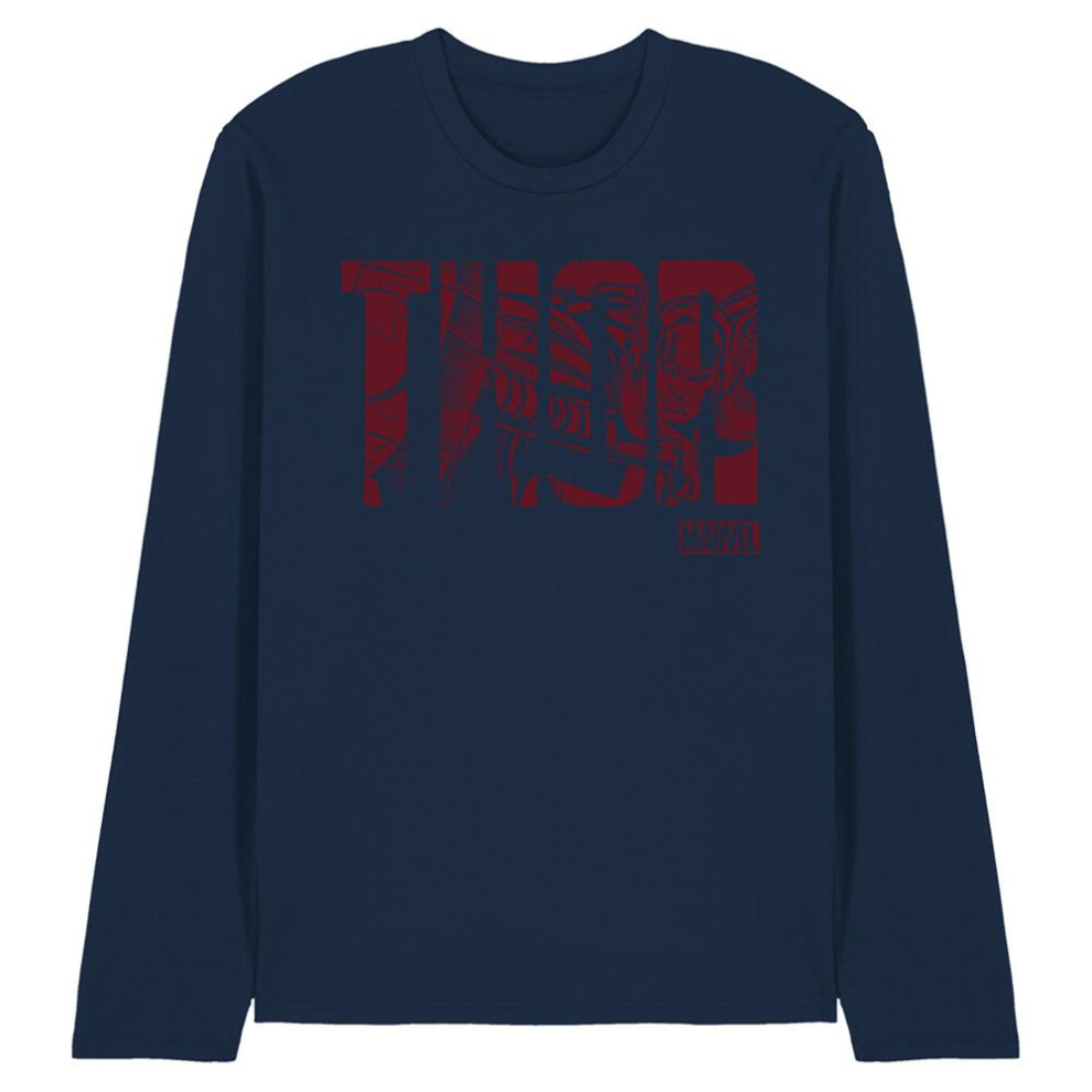 Marvel (Xl, Navy) Unisex Adult Thor Text Long-Sleeved T-Shirt Blue,Multicoloured