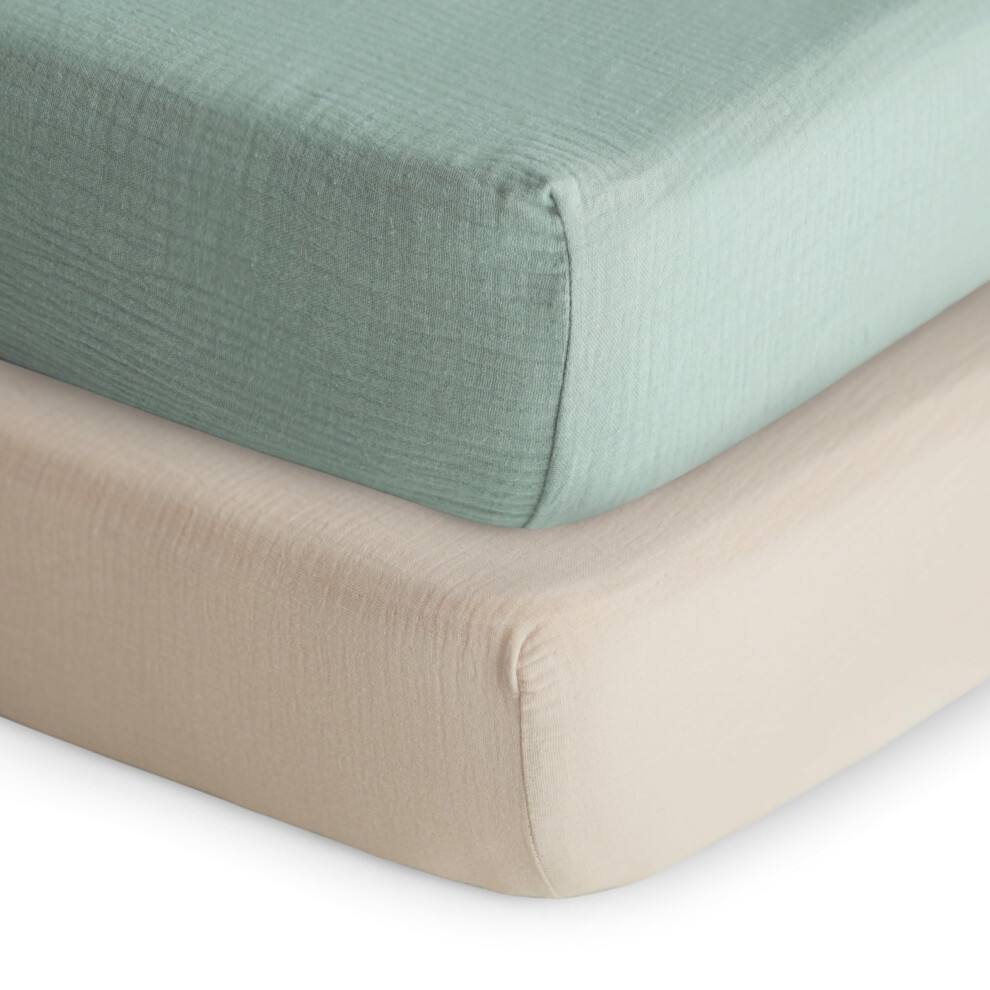 Mushie Extra Soft Muslin Fitted Crib Sheet 2-Pack | 192 Thread Count | 28"X 52" (Roman Green/Fog)