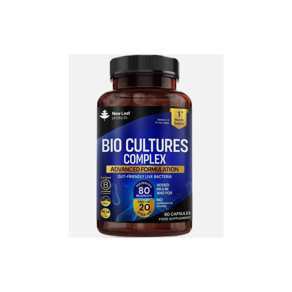 New Leaf Product Bio Cultures Complex + Inulin & Fos Â 80B Cfu, 20 Strains, 60 Capsules (1-Month Supply) Probiotic Formula