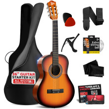 Pyle Beginner Acoustic Guitar Kit, 3/4 Junior Size All Wood Build Nylon Stringed Instrument with Strap, Extra String Set, Gig Bag, Guitars for Beginne
