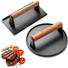 Bellemain Robuuste Gietijzeren Grillpers Set - Perfecte Smash Burger Pers & Steak Tool met Ergonomische Houten Handgreep voor Professioneel Searen