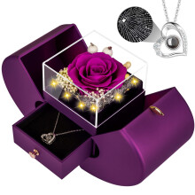 Bewaarde Paarse Echte Roos met I Love You Ketting, Eeuwige Bloemen Verjaardagscadeaus voor Vrouwen