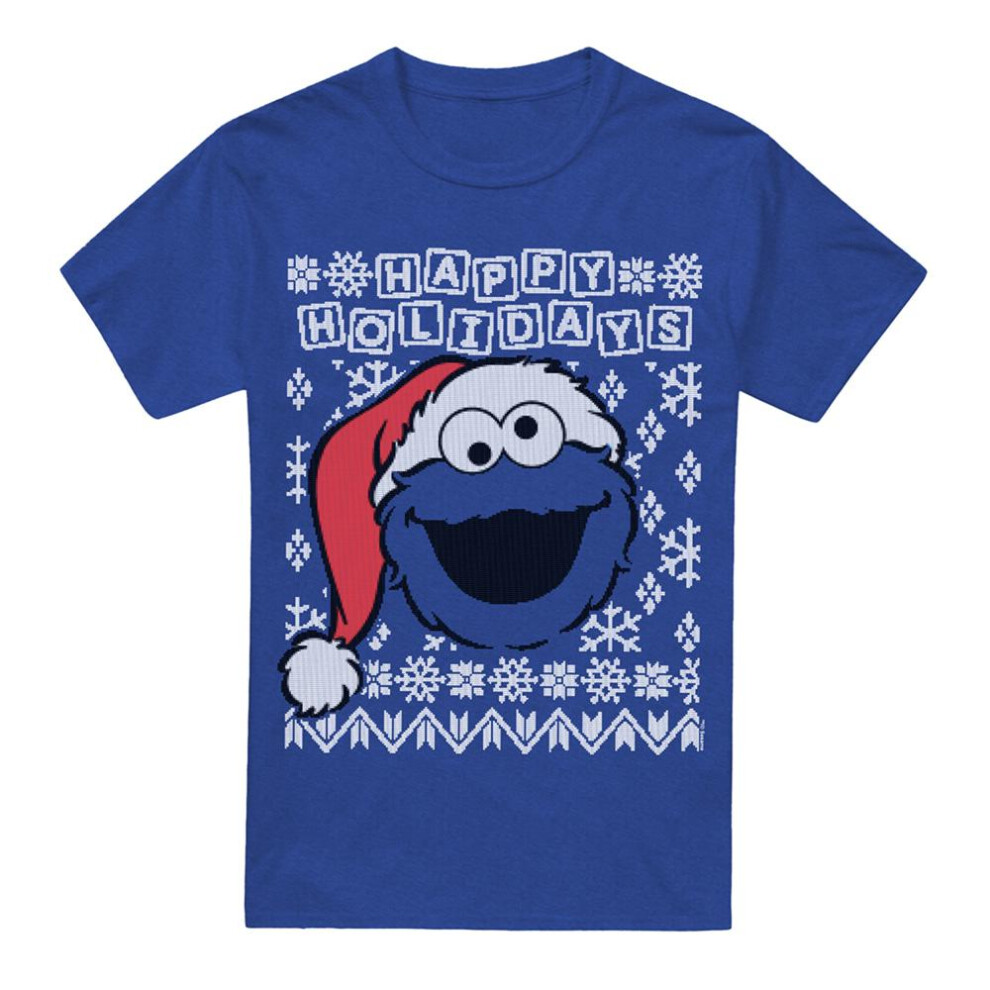 Sesame Street (S, Royal ) Unisex Adult Ugly Christmas Cookie Monster Heather T-Shirt Blue