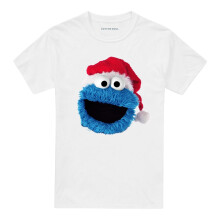 (S, White) Sesame Street Unisex Adult Cookie Monster Santa Hat T-Shirt