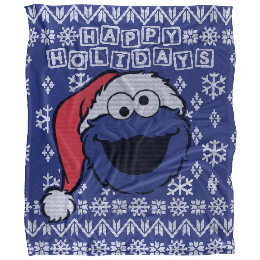 Sesame Street Silky Christmas Sweater Cookie Monster Supersoft Blanket Blue