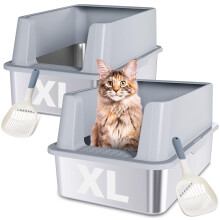 2 Pack Rvs Kattenbak, XL Extra Groot voor Grote Katten, Met Hoogdeksel, Antilek, Geen Geurtjes