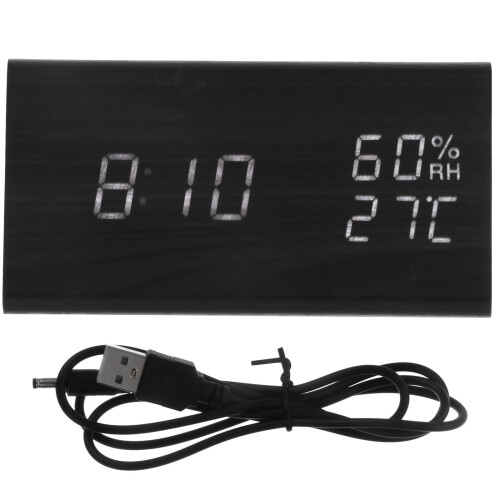 2Pcs Silent Black Wooden LED Alarm Clock with Temperature Sensor