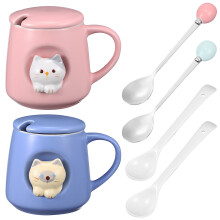4Sets Ceramic Coffee Mug Set 3D Cat Shape with Lid Spoon for Drinking