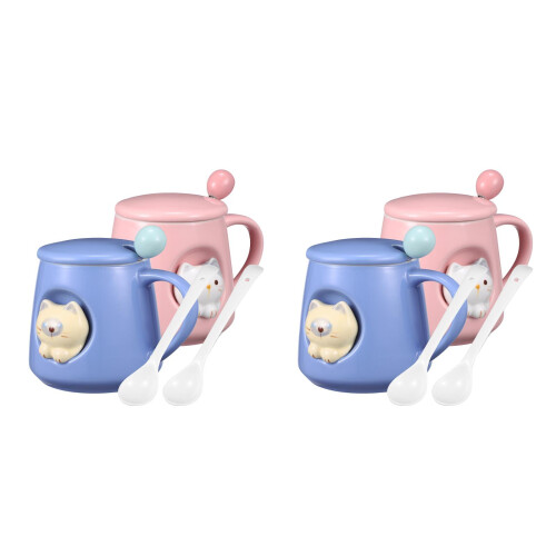 4Sets Ceramic Coffee Mug Set 3D Cat Shape with Lid Spoon for Drinking 2