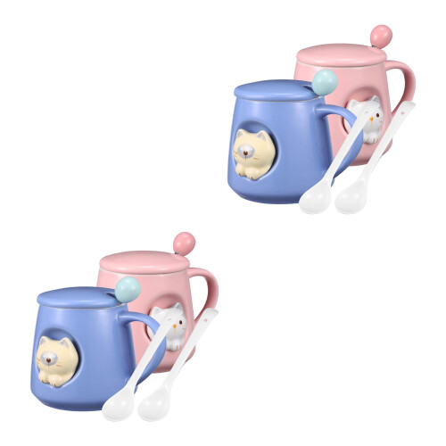 4Sets Ceramic Coffee Mug Set 3D Cat Shape with Lid Spoon for Drinking 1