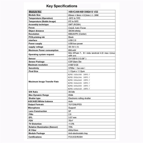 13MP 4K USB Camera Module OV13B10 Distortion-Free/Auto Focus Built-in Mic for WinXP/Win7/8/10/ OSX/Linux 78.4 2