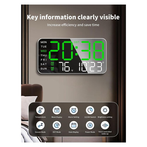 Relógio de Parede Digital  de 8,4 Polegadas, Despertador LED com Dígitos Grandes, Data, Temperatura, Horário de Verão, para Sala, Quarto, 2