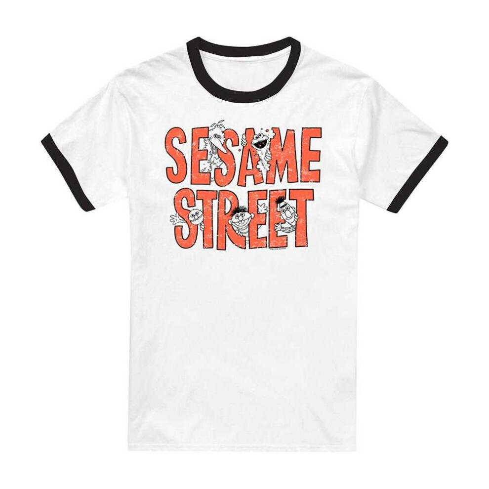 Sesame Street (Xxl, ) Unisex Adult Letters Ringer T-Shirt White
