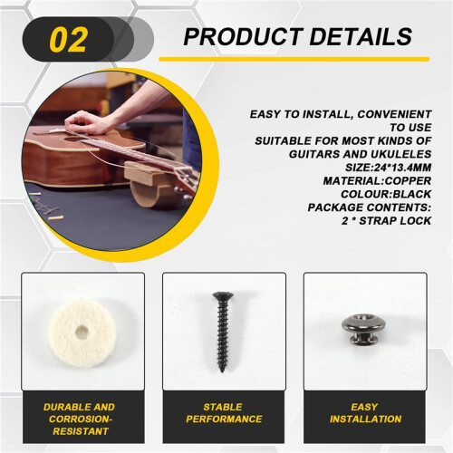 2 ST Ull Koppar Gitarrband Lås Låspinnar Pins Svampform Ändknapp för Akustisk Klassisk Elektrisk Basgitarr Ukulele Svart 2