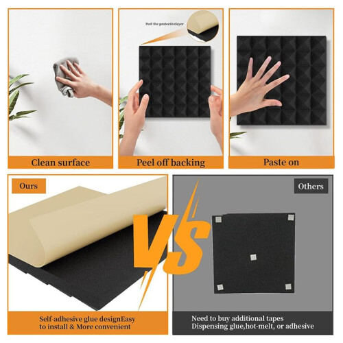 Pacote com 8 Painéis de Espuma Acústica, Painéis de Espuma À Prova de Som de 12x12x2 Polegadas para Paredes, Painéis de Som com Autoadesivo 2