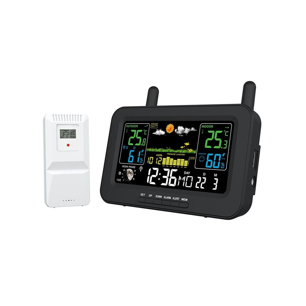 Color Screen Digital Weather Station Sunrise and Sunset Thermometer Hygrometer with Wireless Outdoor Sensor EU Plug A