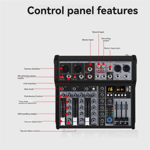 Console de Mixage Audio  4 Canaux Interface Audio Carte Son USB pour Studio Scène DJ Maison Prise UE 2