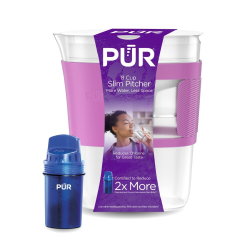PUR Water Filter Pitcher Slim Design 8 Cup Capacity with 1 Filter, Dishwasher Safe