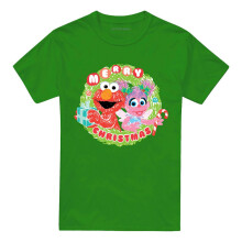 (S, Kelly Green) Sesame Street Unisex Adult Elmo & Abby Christmas T-Shirt