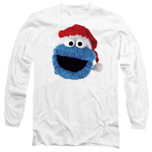(M, White) Sesame Street Unisex Adult Cookie Monster Santa Hat Long-Sleeved Christmas T-Shirt