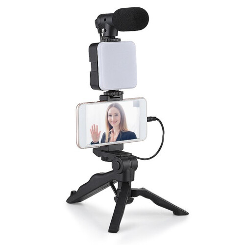 Smartphone Vlogging Kit met Statief Telefoonhouder Microfoon LED Invullicht  voor Live Stream